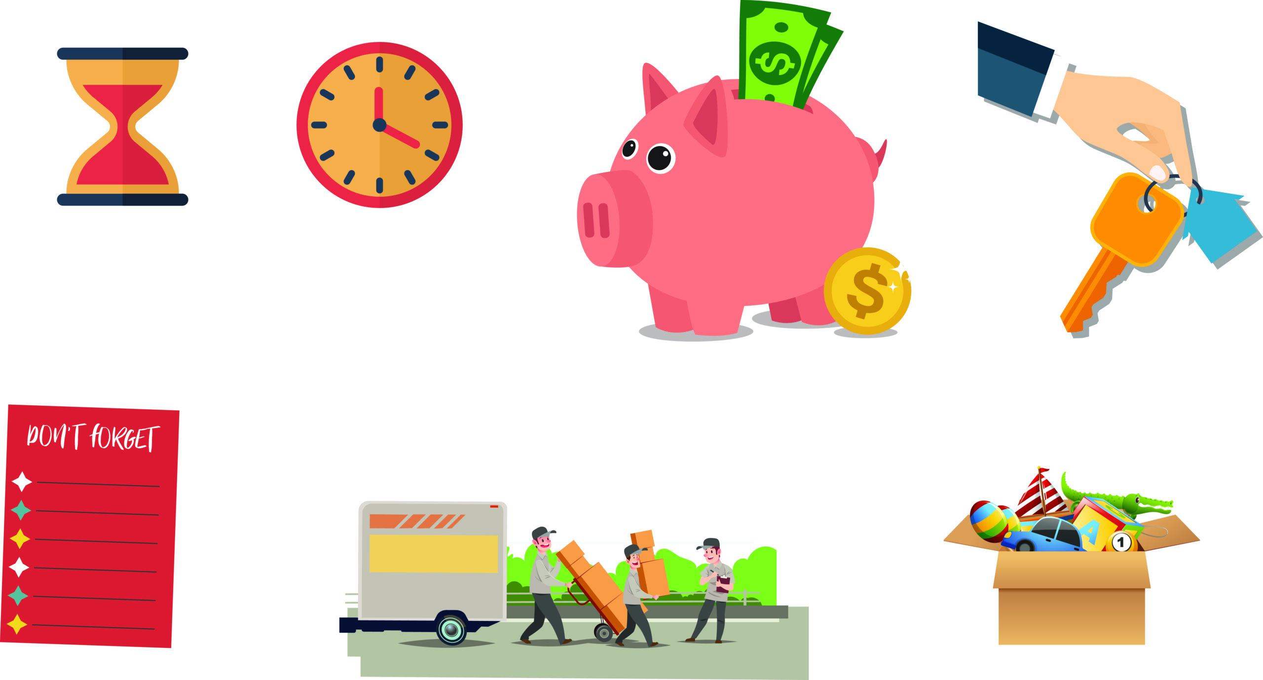 Moving and real estate icons representing key steps in transitioning to a new home.