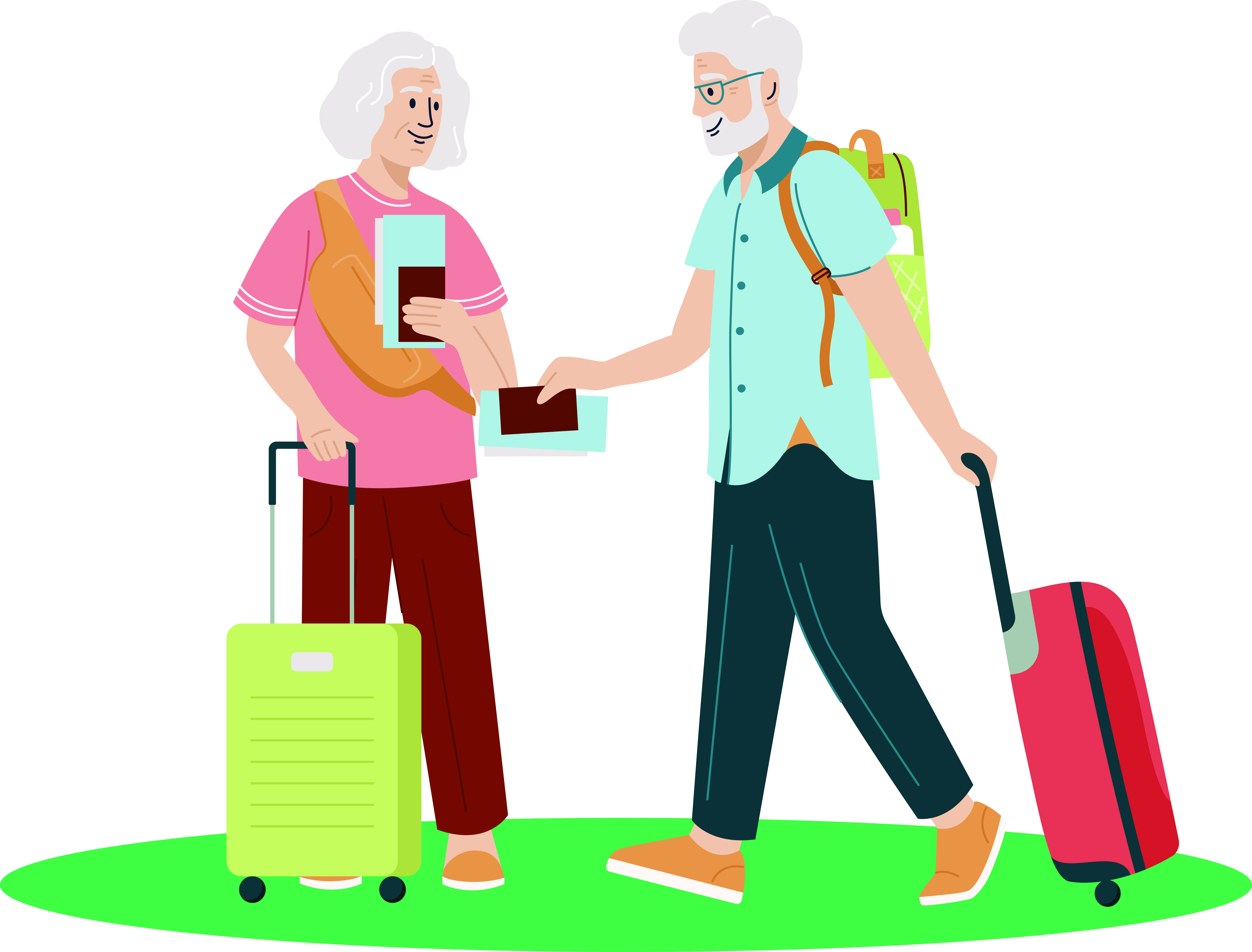 Illustrated senior couple with luggage and passports, preparing to travel