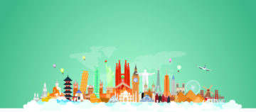 A graphic depiction of famous tourist attractions from cities around the world.