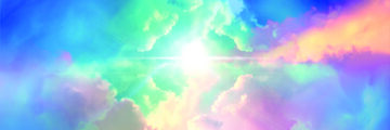 A depiction of a sky with a bright light shining through colorful clouds, symbolizing hope and divine presence.