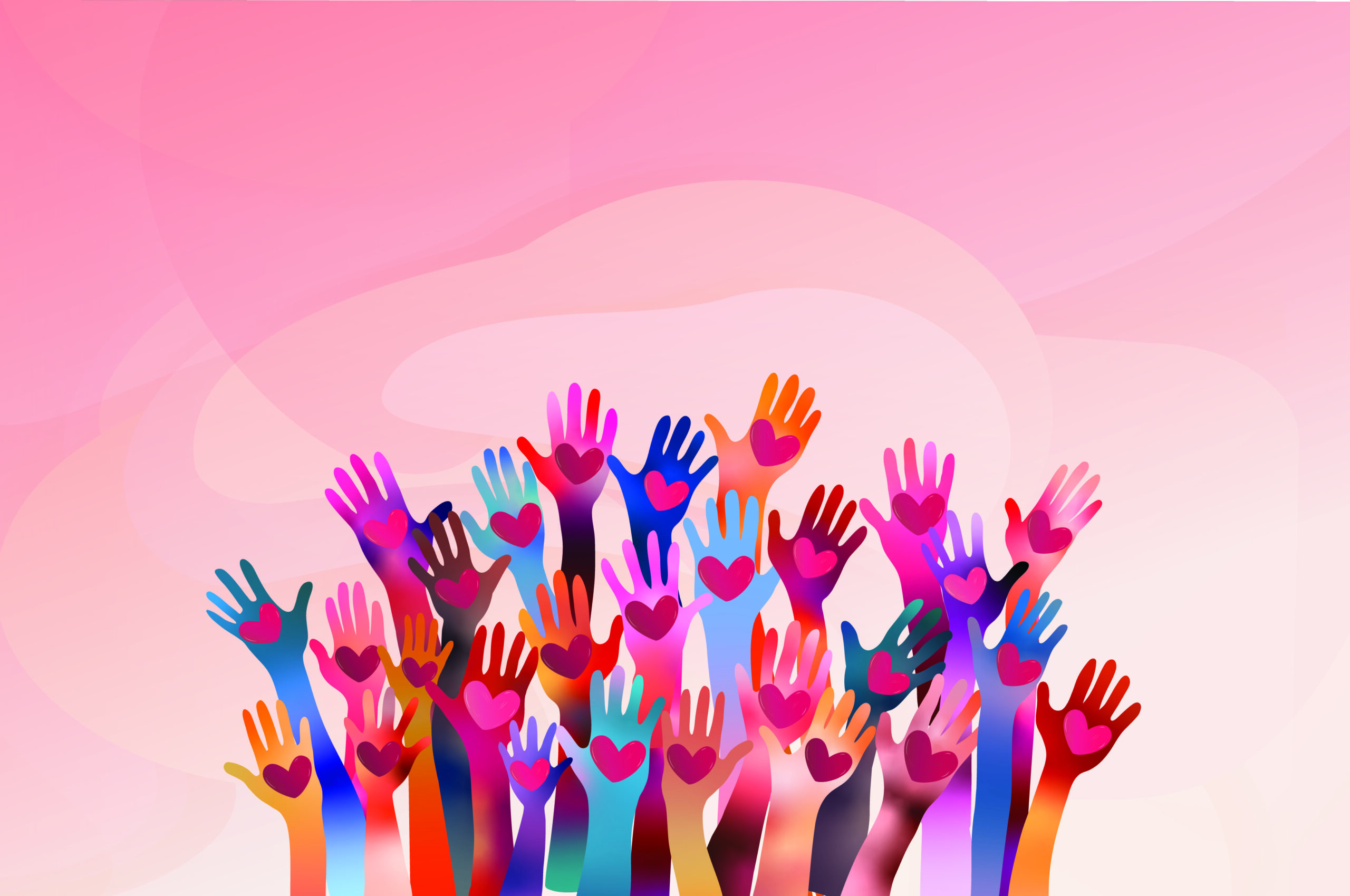 Illustration of colorful raised hands with hearts in the palms, symbolizing volunteering and community support.