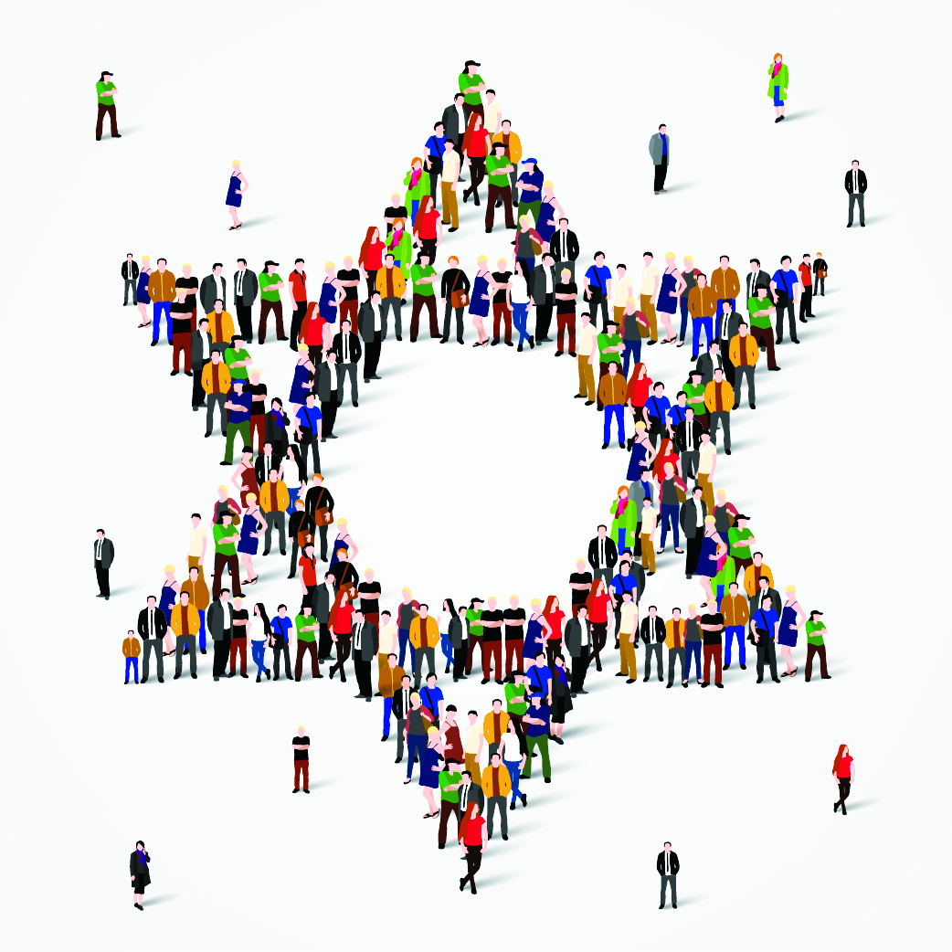 Large group of people forming the Star of David shape on a white background.