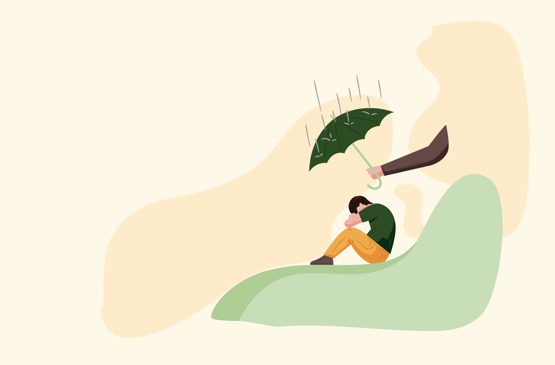 Illustration of a person sitting in distress while another hand holds an umbrella to shield them from rain.