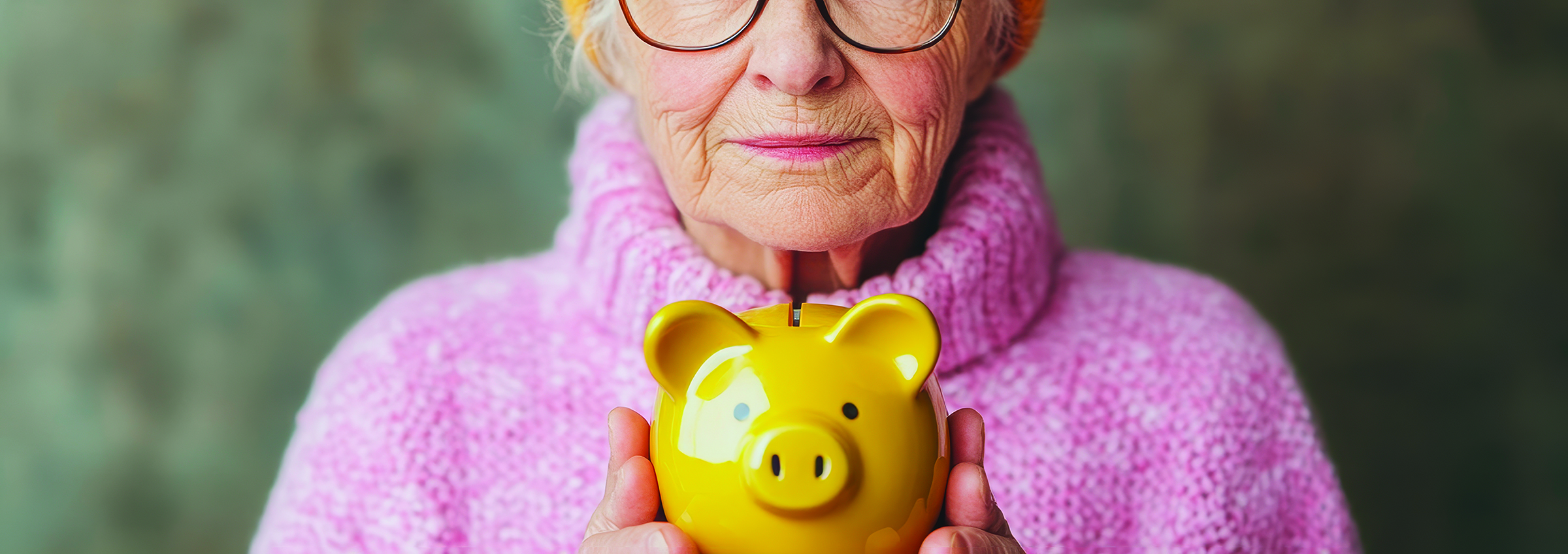Elderly woman in pink sweater holding a yellow piggy bank close to her chest.