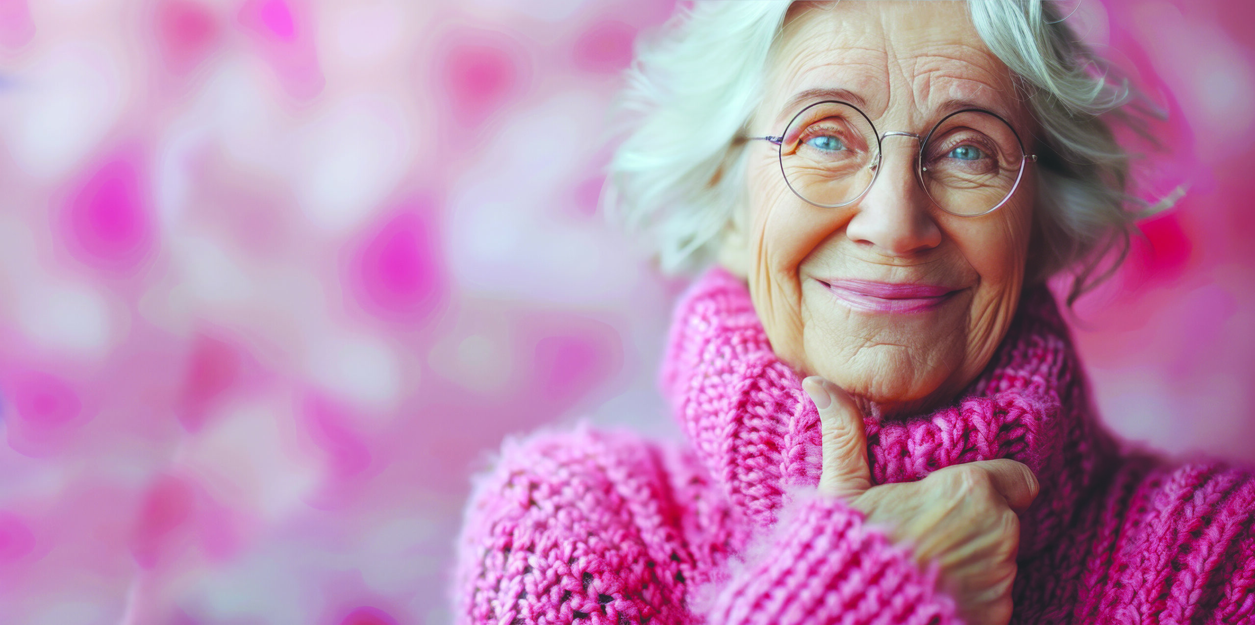 Smiling older woman wearing glasses and a pink sweater, representing dignity and compassion in aging